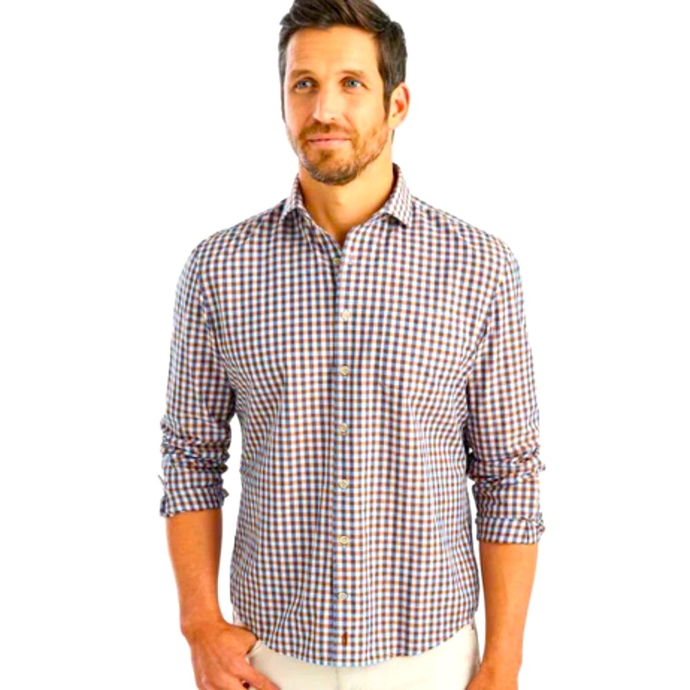 4/$100 Johnnie-O Hangin' Out Brown Gingham Plaid Collared Long Sleeve